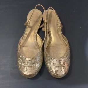 Tory Burch gold glitter flat sling backs